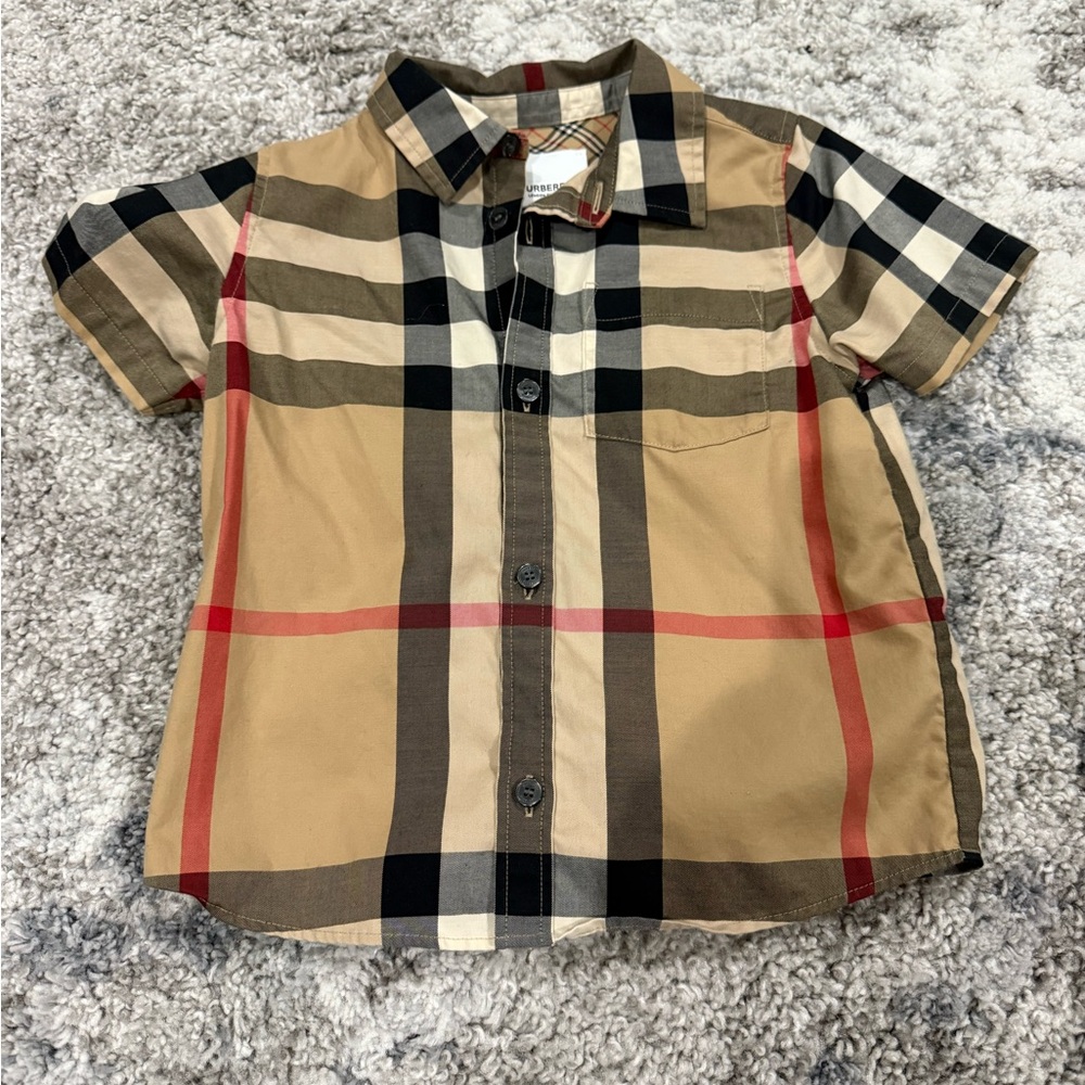 Authentic Burberry Tan and Black Button Down Shirt Iconic Check Pattern